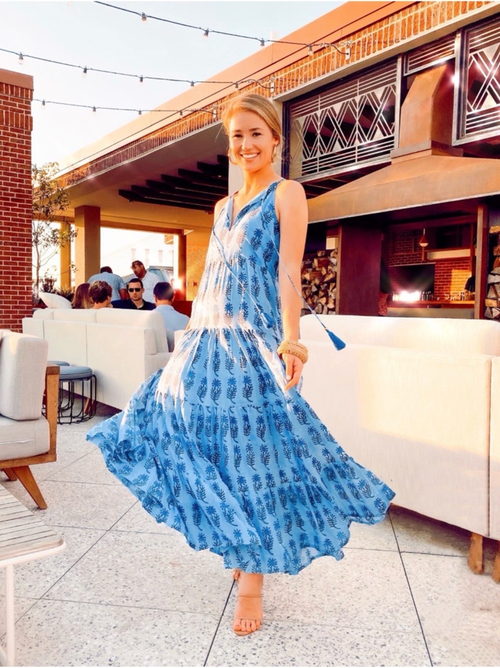 Oliphant Blue Block Print Tie Front Tiered Maxi Long Beach Preppy Dress Resort M